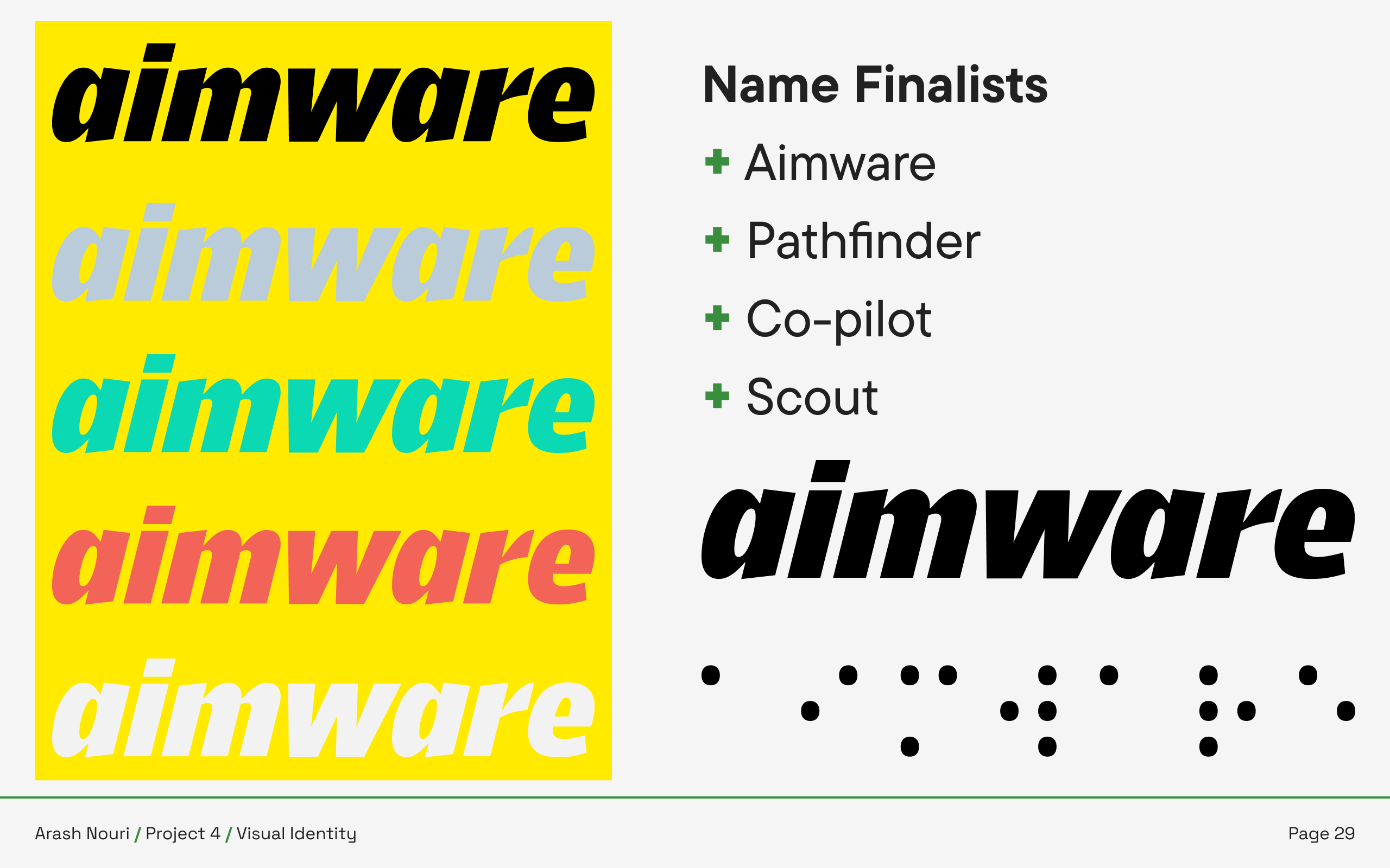 The name finalists along with the Aimware logo in the selected colour palette that's also used in the physical product